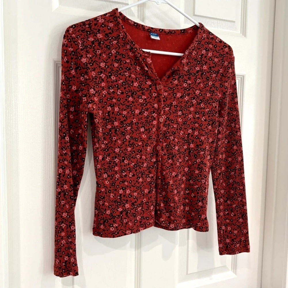 Old Navy Girl Fitted Ribbed Burgundy Black Floral Button-Up Top Sz XL 14/16